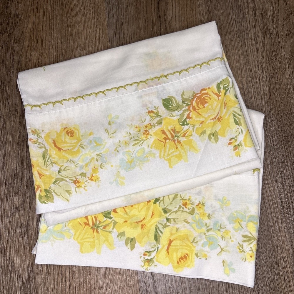 Springmaid Standard Pillow Case Pair 19x29 Yellow Rose‎ Marvelaire No Iron VTG